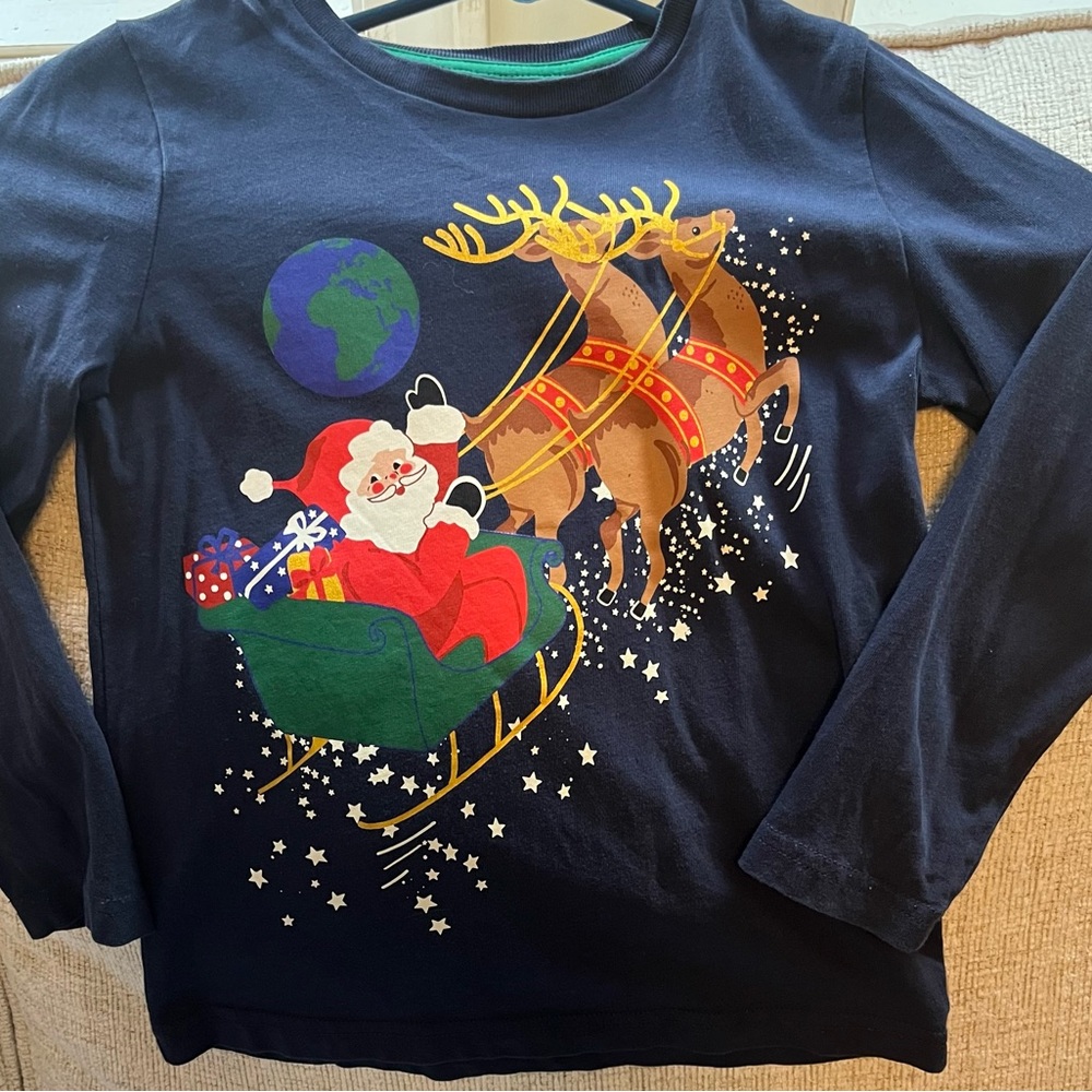 Mini Boden Navy Santa and Reindeer Long Sleeve Tee